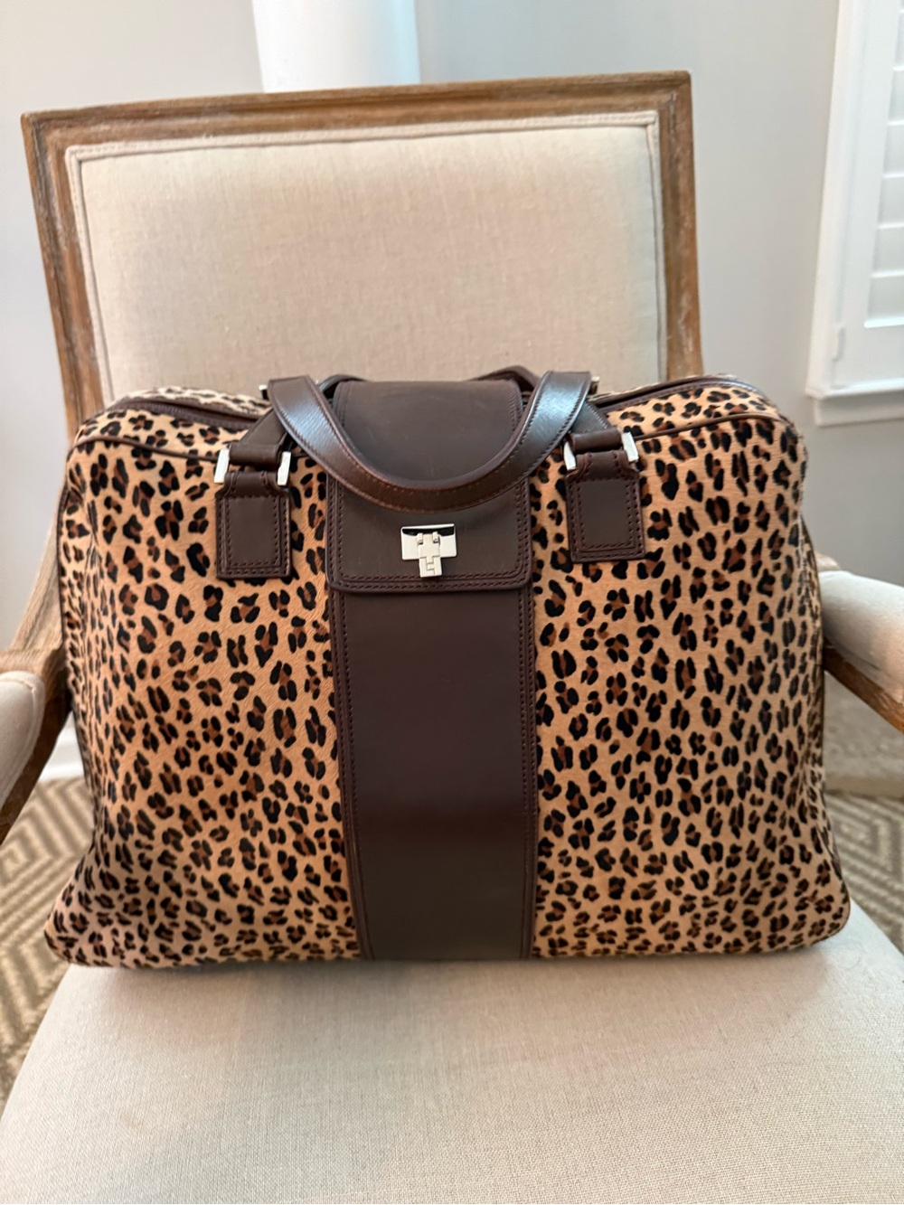 Lambertson Truex Leopard Hair Calf Leather Large Weekender Travel Bag Dust Bag